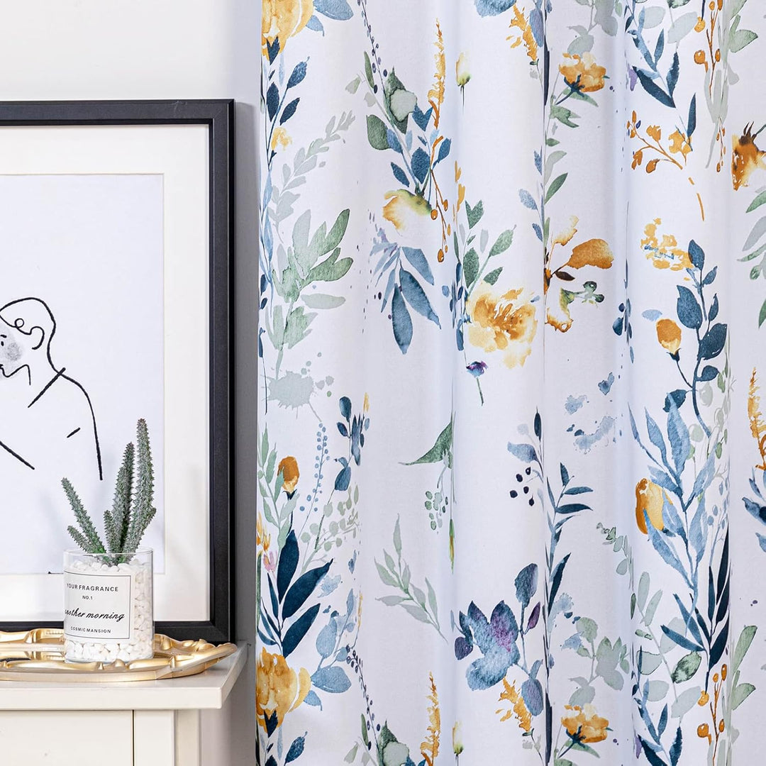 MYSKY HOME Floral Blackout Curtains 63 Inch Long Living Room Bedroom Curtains Thermal Insulated Curtains Room Darkening Curtains Printed Flower Leaf Window Treatments, 2 Panels, Yellow and Blue - Just Closeouts Canada Inc.