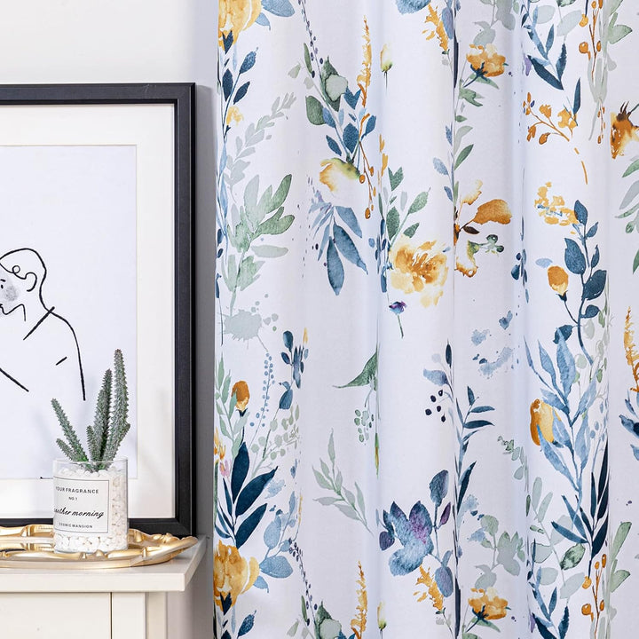 MYSKY HOME Floral Blackout Curtains 63 Inch Long Living Room Bedroom Curtains Thermal Insulated Curtains Room Darkening Curtains Printed Flower Leaf Window Treatments, 2 Panels, Yellow and Blue - Just Closeouts Canada Inc.