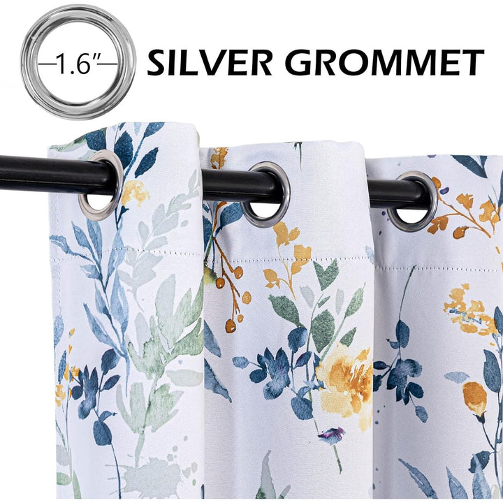 MYSKY HOME Floral Blackout Curtains 63 Inch Long Living Room Bedroom Curtains Thermal Insulated Curtains Room Darkening Curtains Printed Flower Leaf Window Treatments, 2 Panels, Yellow and Blue - Just Closeouts Canada Inc.