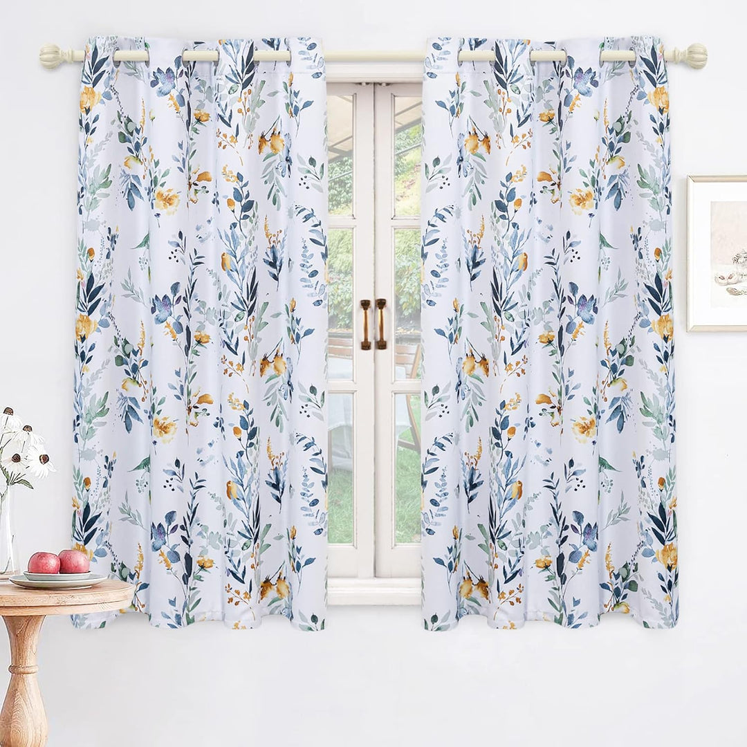 MYSKY HOME Floral Blackout Curtains 63 Inch Long Living Room Bedroom Curtains Thermal Insulated Curtains Room Darkening Curtains Printed Flower Leaf Window Treatments, 2 Panels, Yellow and Blue - Just Closeouts Canada Inc.