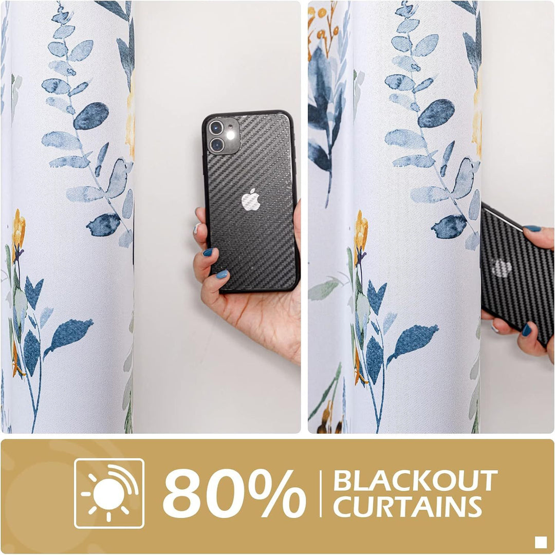 MYSKY HOME Floral Blackout Curtains 63 Inch Long Living Room Bedroom Curtains Thermal Insulated Curtains Room Darkening Curtains Printed Flower Leaf Window Treatments, 2 Panels, Yellow and Blue - Just Closeouts Canada Inc.