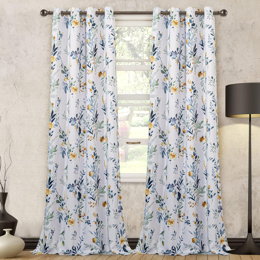 MYSKY HOME Floral Curtains 84 inches Long Living Room Curtains Room Darkening Curtains Thermal Insulated Light Blocking Drapes Grommet for Bedroom Bathroom, 2 Panels, Yellow and Blue - Just Closeouts Canada Inc.