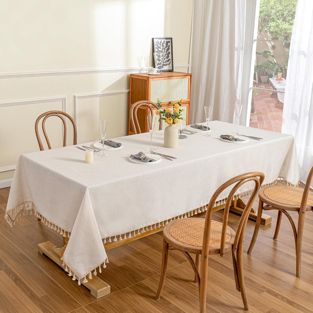MYSKY HOME Nappe de Table Rectangulaire Linen Table Cloths Rectangular 60 x 102 Inch, Party Tablecloth for Banquet Picnic Table Cover Stain Wrinkle Resistant, Beige with Beige Tassels - Just Closeouts Canada Inc.