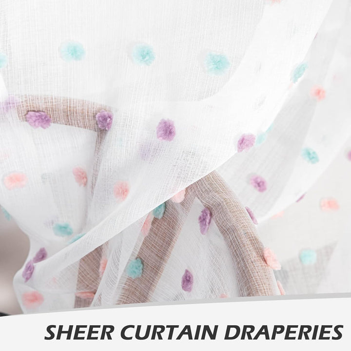 MYSKY HOME Pom Pom Curtains for Girls Bedroom Rainbow Nursery Curains for Boys Kids Room Colorful White Sheer Curtains for Living Room Playroom Rod Pocket Boho Window 52" x 63" Set of 2 - Just Closeouts Canada Inc.