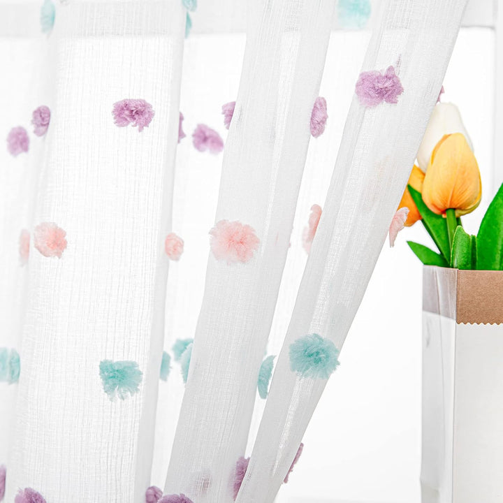 MYSKY HOME Pom Pom Curtains for Girls Bedroom Rainbow Nursery Curains for Boys Kids Room Colorful White Sheer Curtains for Living Room Playroom Rod Pocket Boho Window 52" x 63" Set of 2 - Just Closeouts Canada Inc.