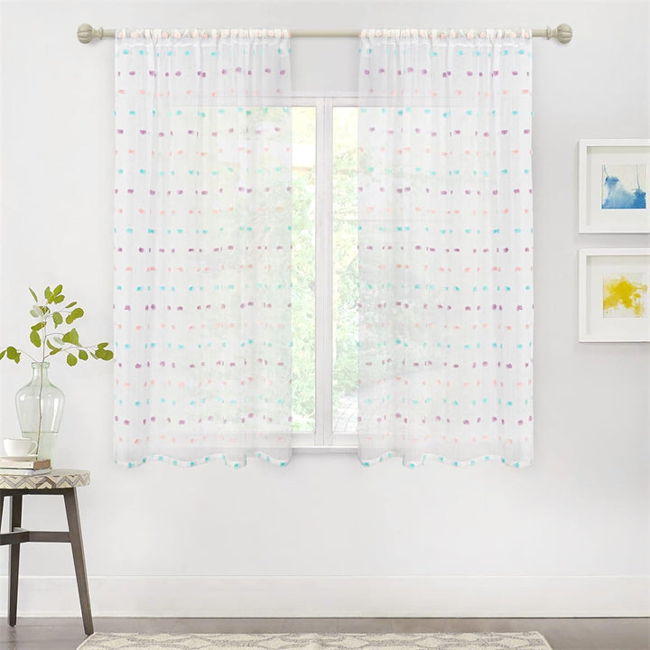 MYSKY HOME Pom Pom Curtains for Girls Bedroom Rainbow Nursery Curains for Boys Kids Room Colorful White Sheer Curtains for Living Room Playroom Rod Pocket Boho Window 52" x 63" Set of 2 - Just Closeouts Canada Inc.