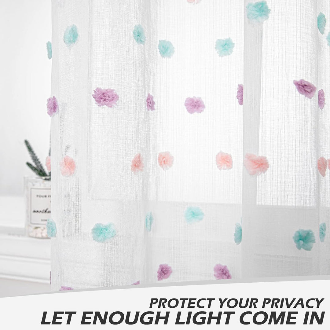 MYSKY HOME Pom Pom Curtains for Girls Bedroom Rainbow Nursery Curains for Boys Kids Room Colorful White Sheer Curtains for Living Room Playroom Rod Pocket Boho Window 52" x 63" Set of 2 - Just Closeouts Canada Inc.