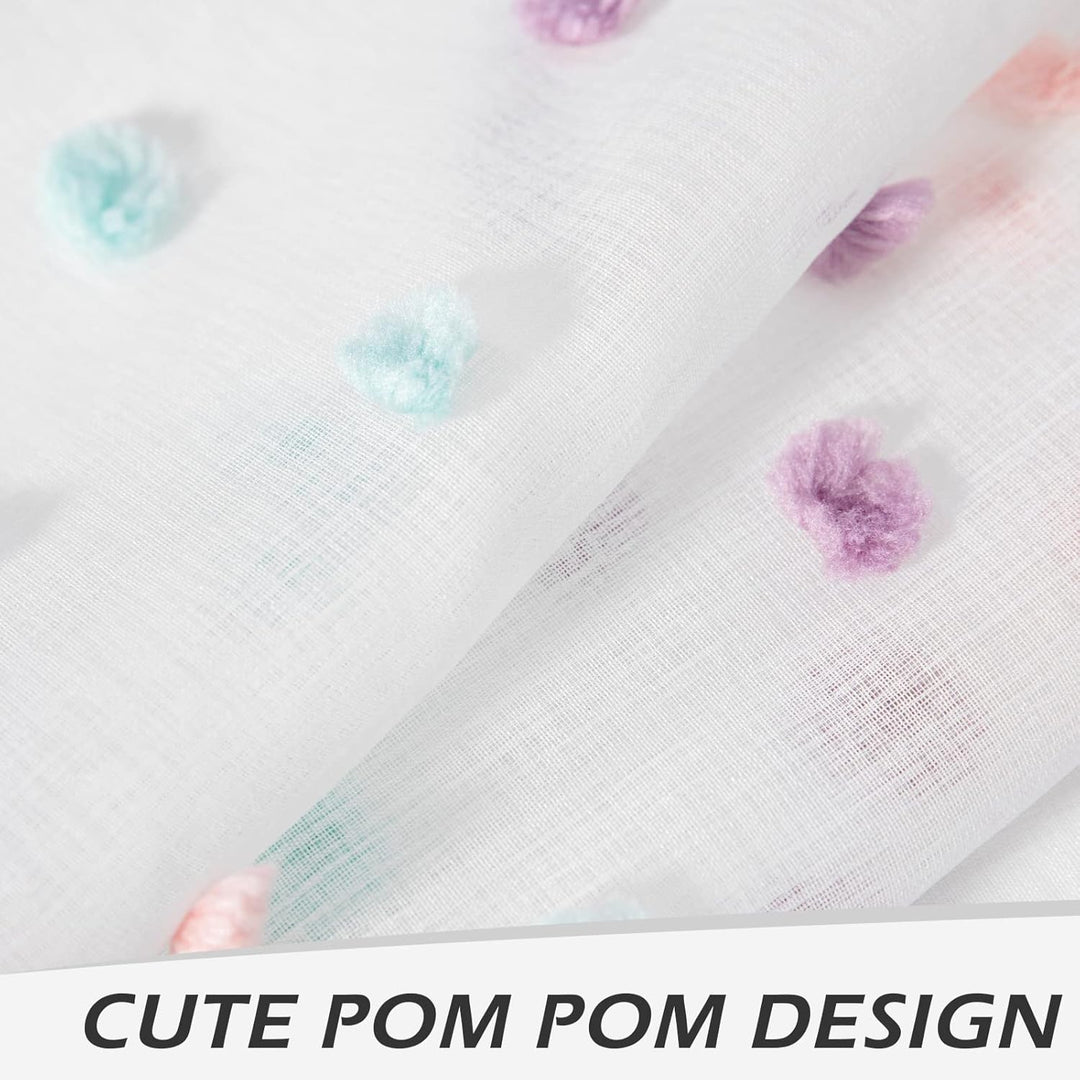 MYSKY HOME Pom Pom Curtains for Girls Bedroom Rainbow Nursery Curains for Boys Kids Room Colorful White Sheer Curtains for Living Room Playroom Rod Pocket Boho Window 52" x 63" Set of 2 - Just Closeouts Canada Inc.
