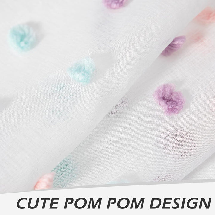 MYSKY HOME Pom Pom Curtains for Girls Bedroom Rainbow Nursery Curains for Boys Kids Room Colorful White Sheer Curtains for Living Room Playroom Rod Pocket Boho Window 52" x 63" Set of 2 - Just Closeouts Canada Inc.