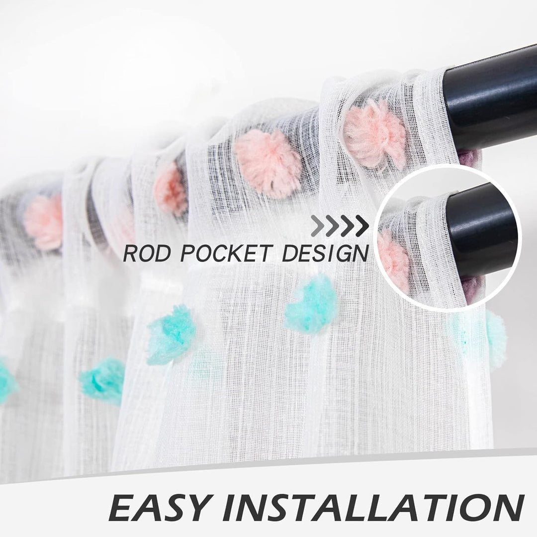 MYSKY HOME Rainbow Pom Pom Curtains for Living Room Light Filtering 84 Inch Long Bedroom Curtains for Nursery Girls Kids Room Rod Pocket Bohemian Voile Window Drapes 52 x 84 inch 2 Panels - Just Closeouts Canada Inc.