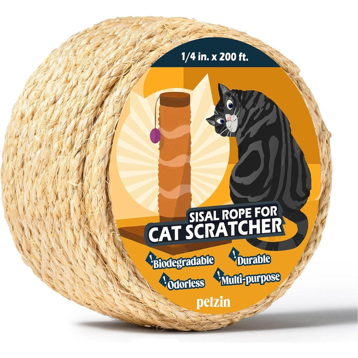 Natural Sisal Rope for Cat Scratcher 1/4 Inch by 200 Feet, Cat Tree Rope Twine for Cat Scratching Post Replacement, Cat Tower with Scratch Post Repairing, Replace, Recovering and DIY, Natural - Just Closeouts Canada Inc.