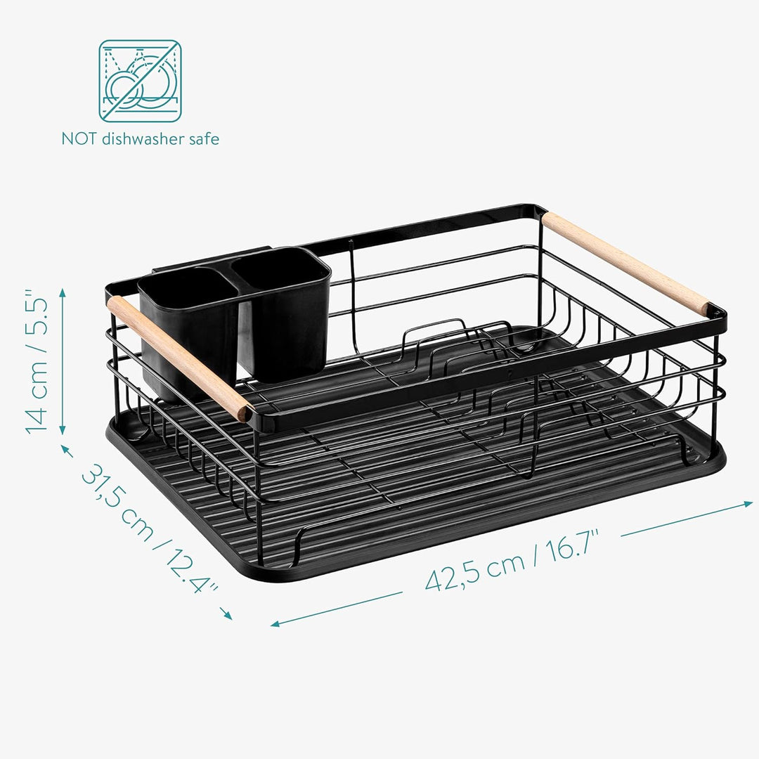 Navaris Dish Drainer Rack - Plate, Silverware, Pots and Pans Drying Rack for Kitchen with Beechwood Handles - Modern Retro Design Drip Tray - Black - Just Closeouts Canada Inc.4063004276396
