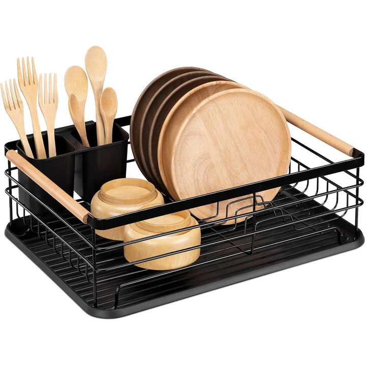 Navaris Dish Drainer Rack - Plate, Silverware, Pots and Pans Drying Rack for Kitchen with Beechwood Handles - Modern Retro Design Drip Tray - Black - Just Closeouts Canada Inc.4063004276396