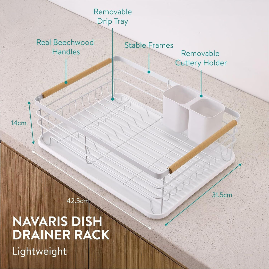 Navaris Dish Drainer Rack - Plate, Silverware, Pots and Pans Drying Rack for Kitchen with Beechwood Handles - Modern Retro DesignDrip Tray - White 16.7 x 12.4 x 5.5 inches - Just Closeouts Canada Inc.4063004182178