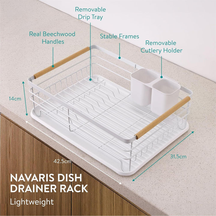 Navaris Dish Drainer Rack - Plate, Silverware, Pots and Pans Drying Rack for Kitchen with Beechwood Handles - Modern Retro DesignDrip Tray - White 16.7 x 12.4 x 5.5 inches - Just Closeouts Canada Inc.4063004182178