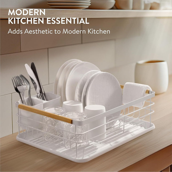 Navaris Dish Drainer Rack - Plate, Silverware, Pots and Pans Drying Rack for Kitchen with Beechwood Handles - Modern Retro DesignDrip Tray - White 16.7 x 12.4 x 5.5 inches - Just Closeouts Canada Inc.4063004182178