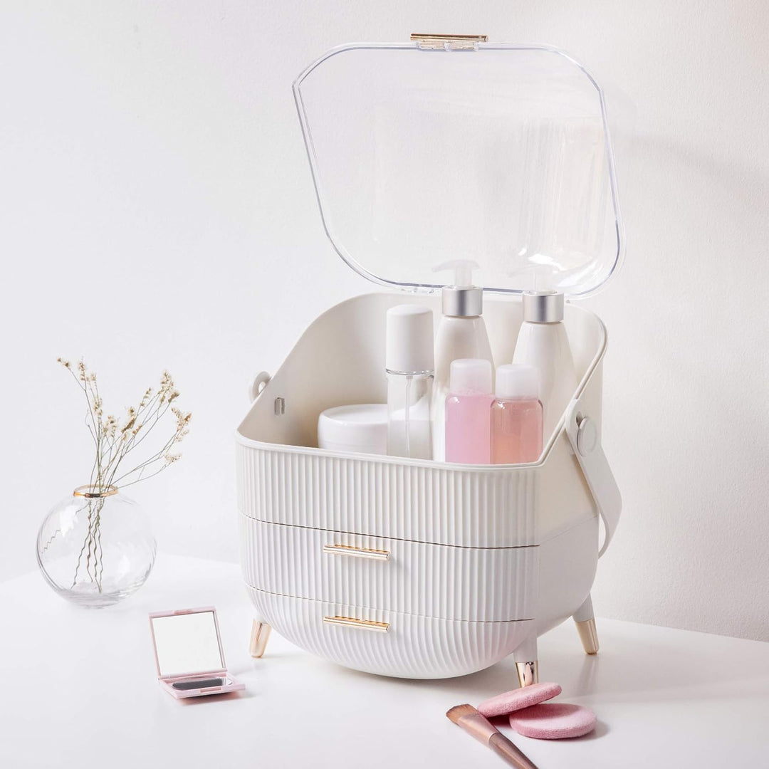 Navaris Makeup Organizer Storage Box - Cosmetics, Skincare and Beauty Case with Clear Lid Display and 2 Drawers - Bathroom Counter or Vanity - White - Just Closeouts Canada Inc.4063004243916