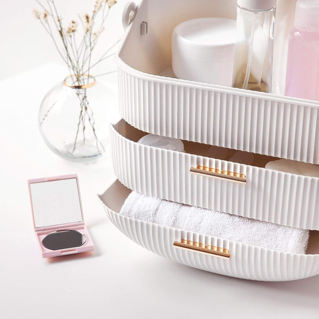 Navaris Makeup Organizer Storage Box - Cosmetics, Skincare and Beauty Case with Clear Lid Display and 2 Drawers - Bathroom Counter or Vanity - White - Just Closeouts Canada Inc.4063004243916