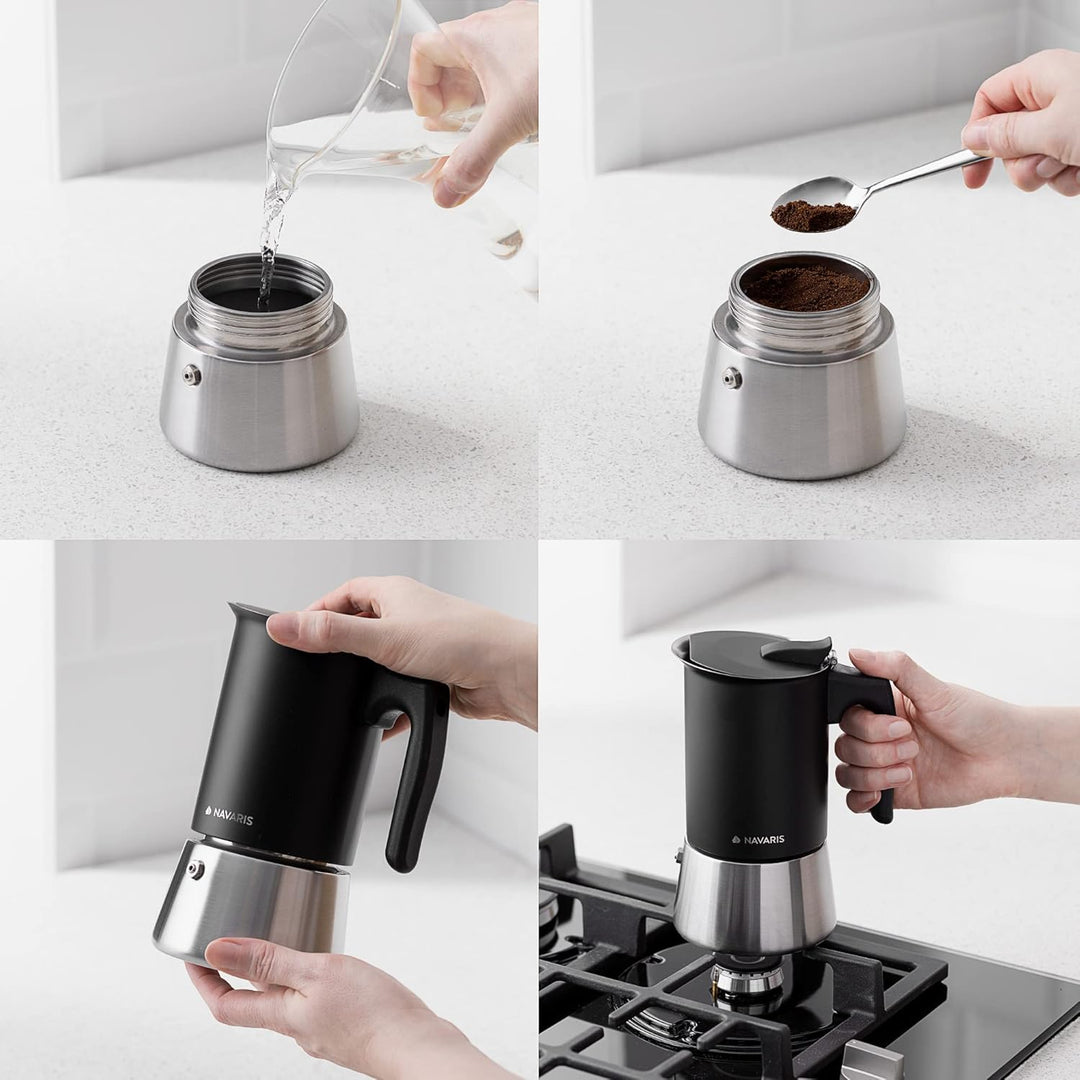 Navaris Moka Coffee Pot - Percolator Espresso Maker for Stovetops Induction Gas Electric Stove Hob - Stainless Steel Percolated Coffee Pot - 10 fl oz - Just Closeouts Canada Inc.4063004322864