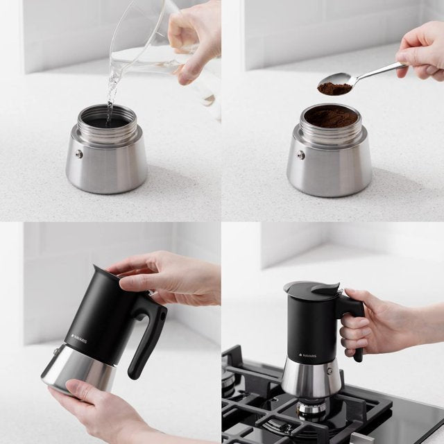 Navaris Moka Coffee Pot - Percolator Espresso Maker for Stovetops Induction Gas Electric Stove Hob - Stainless Steel Percolated Coffee Pot - 6.8 fl oz / 200ml, black - Just Closeouts Canada Inc.4063004322840