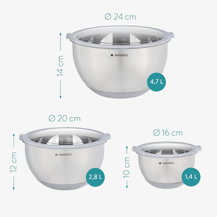 Navaris Stainless Steel Mixing Bowls with Lids (Set of 3) - Small, Medium and Large Mixing Bowl with Lid Set - 1.5 QT, 3 QT, 5 QT - Gray - Just Closeouts Canada Inc.4063004262894