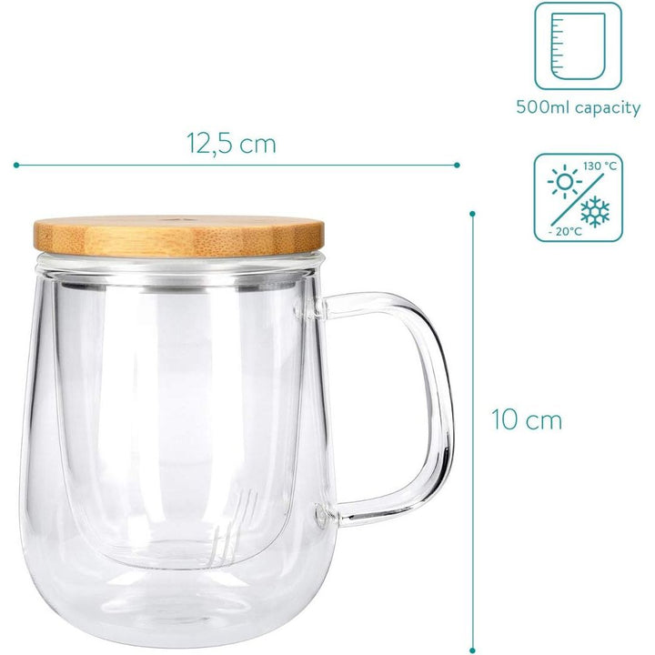 Navaris Tea Mug with Infuser and Bamboo Lid - 16.9 oz (500ml) Borosilicate Glass Tea Cup with Glass Strainer for Brewing Loose Leaf Tea in Home or Office - Just Closeouts Canada Inc.4063004083949