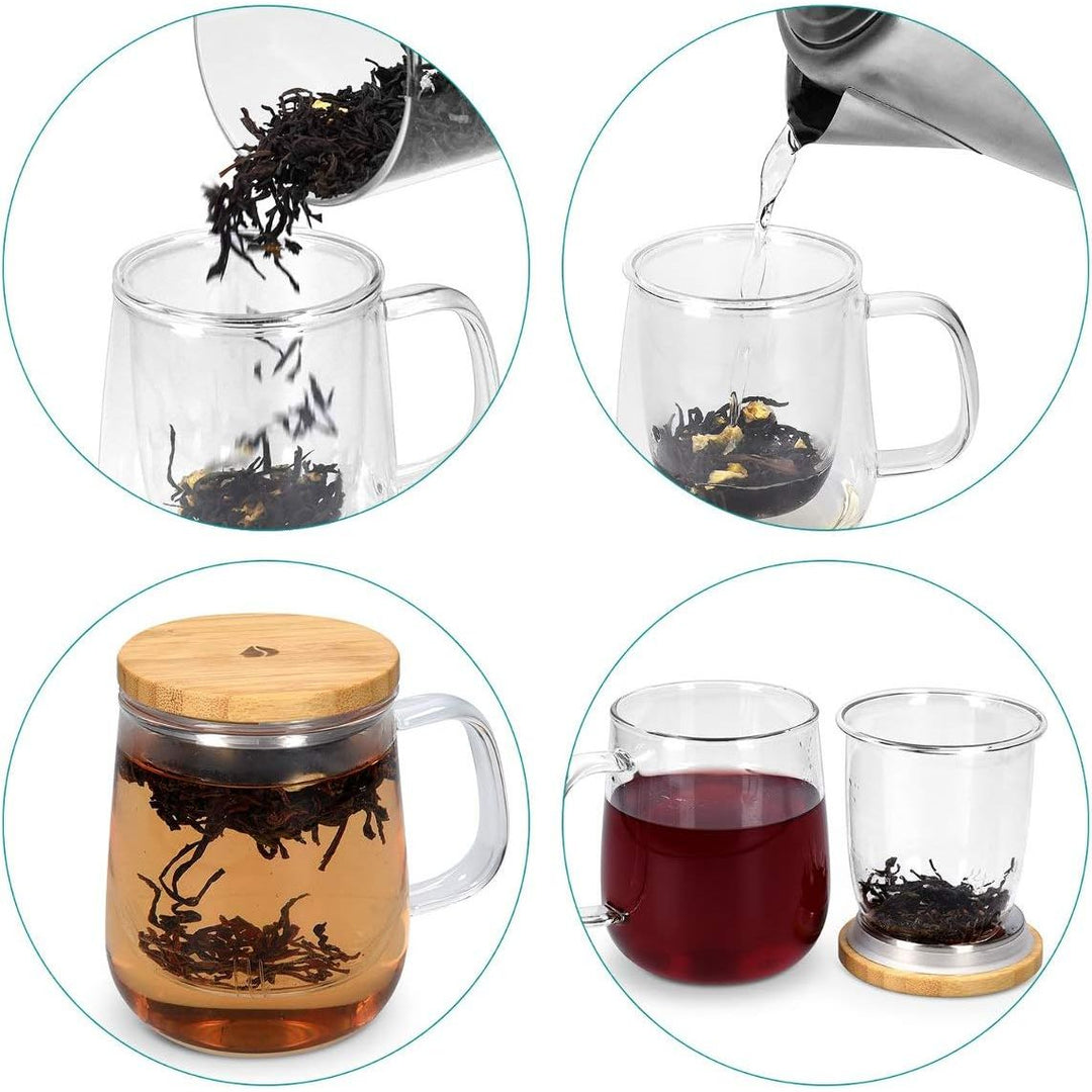 Navaris Tea Mug with Infuser and Bamboo Lid - 16.9 oz (500ml) Borosilicate Glass Tea Cup with Glass Strainer for Brewing Loose Leaf Tea in Home or Office - Just Closeouts Canada Inc.4063004083949