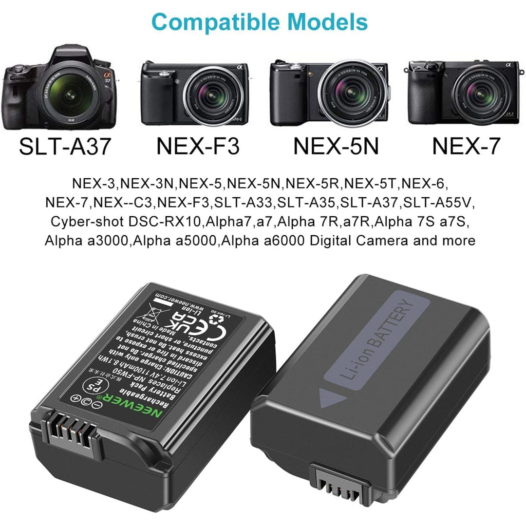 Neewer NP - FW50 Camera Battery Charger Set Compatible with Sony ZV - E10, A7, A7R, A7RII, A7II, A7SII, A7S, a3000, a5000, a6000, a6300, a6400, a6500, RX10 Series(2 - Pack, Micro USB Port, 1100mAh) - Just Closeouts Canada Inc.