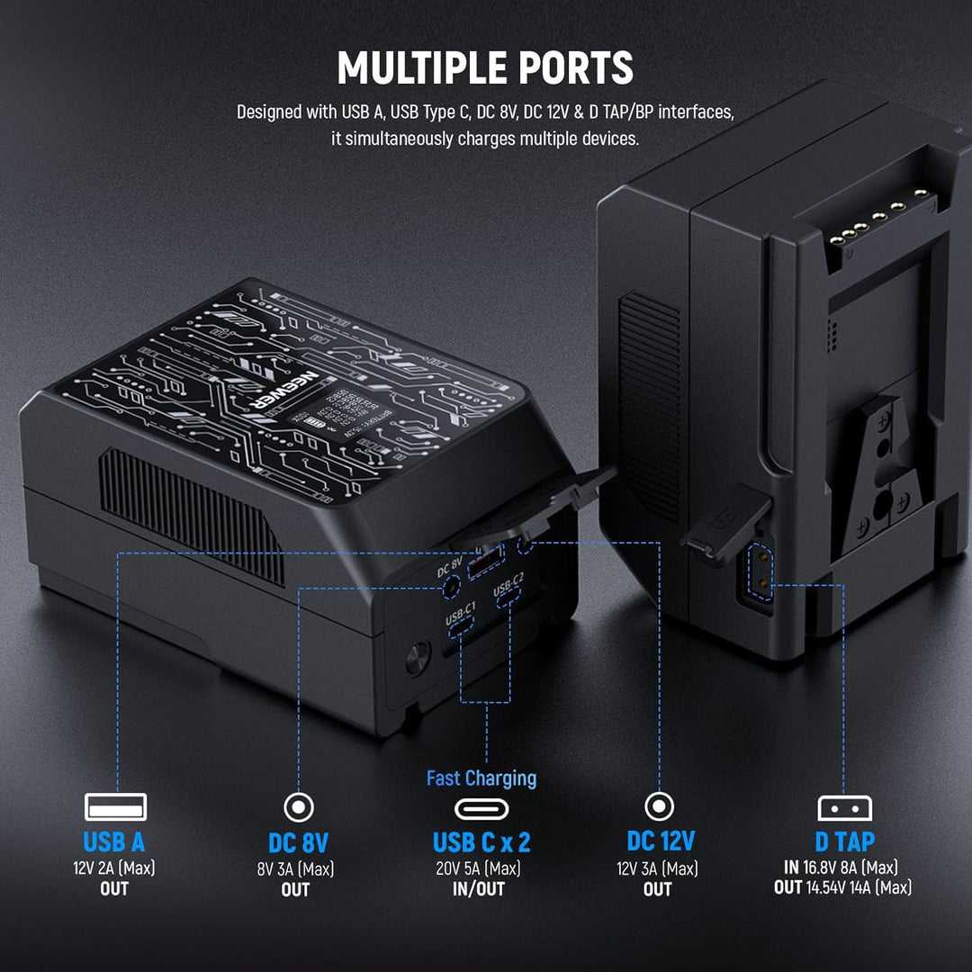 NEEWER Smart Mini V Mount Battery NEEWER APP Control, 6800mAh 99Wh 14.5V with 100W PD Fast Charging, OLED, Dual USB C/D Tap/BP/USB A/Dual DC Ports, Compatible with BMPCC 4k 6k Camcorder Camera, PS099S - Just Closeouts Canada Inc.