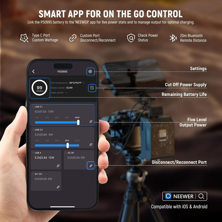 NEEWER Smart Mini V Mount Battery NEEWER APP Control, 6800mAh 99Wh 14.5V with 100W PD Fast Charging, OLED, Dual USB C/D Tap/BP/USB A/Dual DC Ports, Compatible with BMPCC 4k 6k Camcorder Camera, PS099S - Just Closeouts Canada Inc.