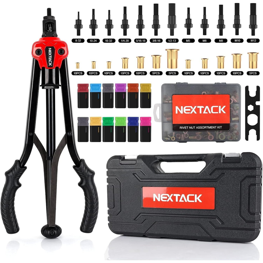 NEXTACK Rivet Nut Tool Kit w/ 105pc Nurserts, 16" Heavy Duty Rivnut Tool Kit w/ 12pc Mandrels 8 - 32 10 - 24 10 - 32 1/4 - 20 5/16 - 18 3/8 - 16 1/2 - 13 M5 M6 M8 M10 M12 in Organized Rugged Carrying Case NT800 - Just Closeouts Canada Inc.