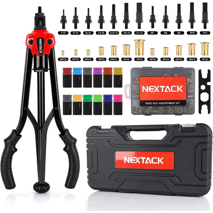 NEXTACK Rivet Nut Tool Kit w/ 105pc Nurserts, 16" Heavy Duty Rivnut Tool Kit w/ 12pc Mandrels 8 - 32 10 - 24 10 - 32 1/4 - 20 5/16 - 18 3/8 - 16 1/2 - 13 M5 M6 M8 M10 M12 in Organized Rugged Carrying Case NT800 - Just Closeouts Canada Inc.