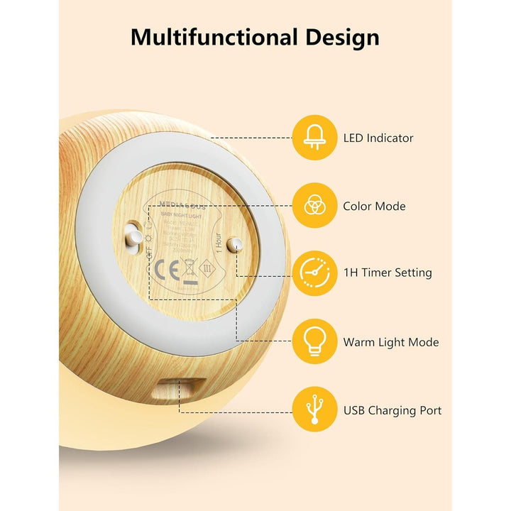 Night Lights for Kids, MediAcous Baby Night Light with 7 Colors Changing & Dimming Function, Rechargeable Kids Night Light with 1 Hour Timer & Touch Control, Up to 100H, Wood Grain - Just Closeouts Canada Inc.