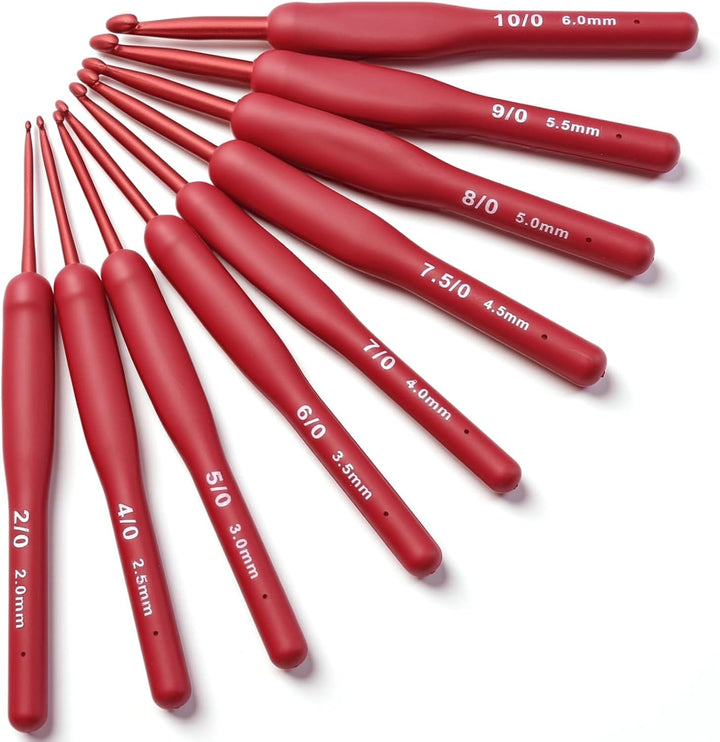 Nine red-handle ergonomic crochet hooks