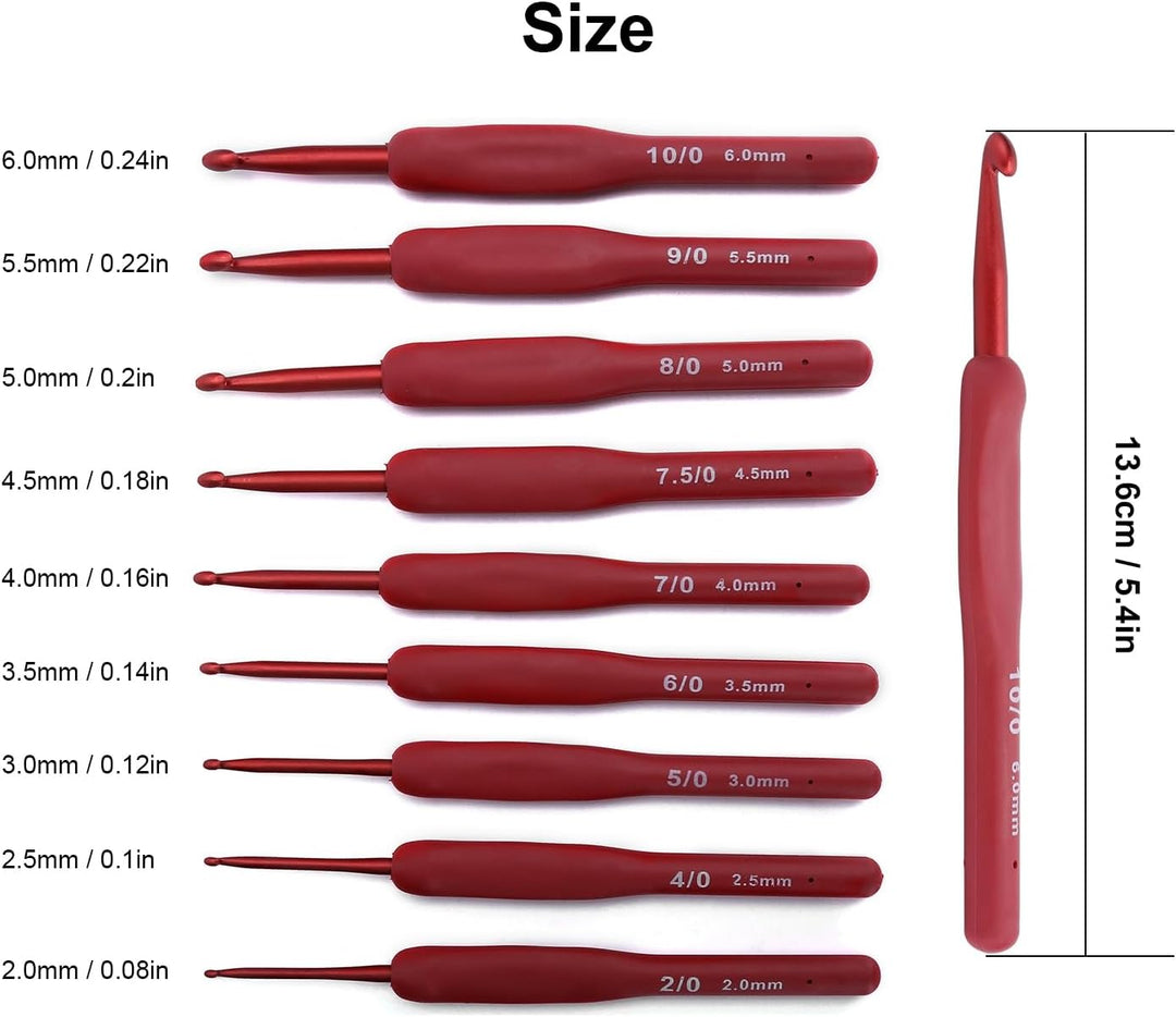 Nine red-handle crochet hooks, view 2