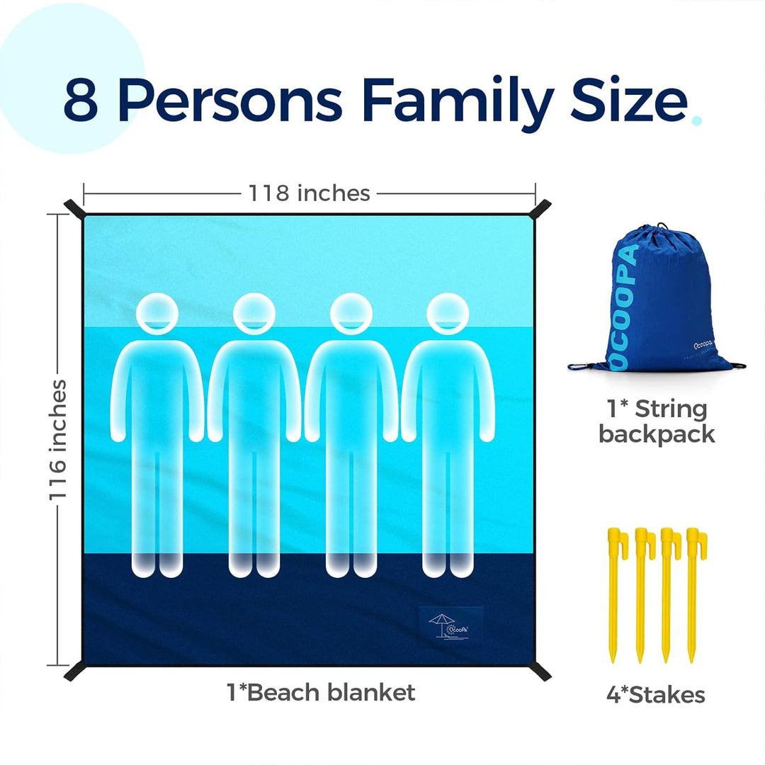 OCOOPA Sand proof Beach Blanket Waterproof, Extra Large 8 Persons Family Size 10'X9.2', Comfortable Parachute Nylon, Cozy& Chic, Compact& Light, Reinforced Windproof,4 Stakes&1 Travel Bag - Just Closeouts Canada Inc.