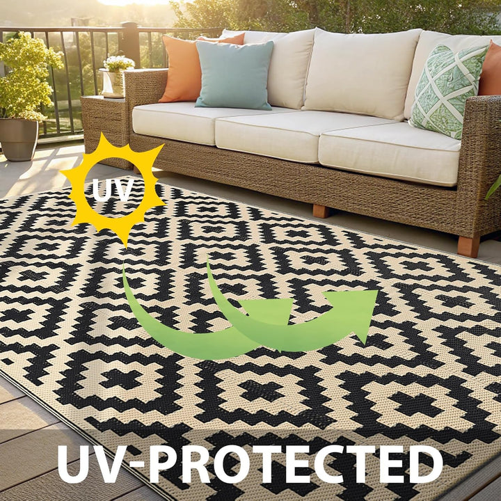 OLANLY Outdoor Rug Waterproof Reversible 5x8 ft, Durable Plastic Straw Patio Camping Carpet, Large Foldable RV Mat for Backyard, Deck, Picnic, Camper, Bench, All - Weather, Lightweight, Black & Beige - Just Closeouts Canada Inc.
