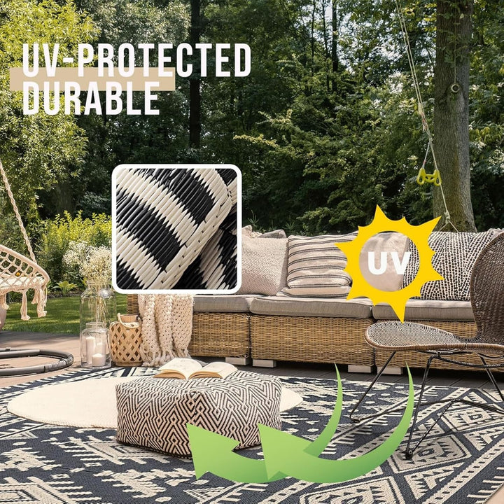 OLANLY Waterproof Outdoor Rug 5x8 ft, Reversible Plastic Straw Patio Camping Rugs, Large Foldable Outdoor Carpet Deck Rugs for Patio, RV, Outside Entry, Backyard, Bench, Picnic, Black & Beige - Just Closeouts Canada Inc.