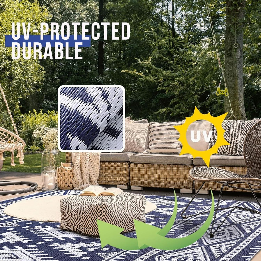 OLANLY Waterproof Outdoor Rug 6x9 ft, Reversible Plastic Straw Patio Camping Rugs, Large Foldable Outdoor Carpet Deck Rugs for Patio, RV, Outside Entry, Backyard, Bench, Picnic, Navy & White - Just Closeouts Canada Inc.