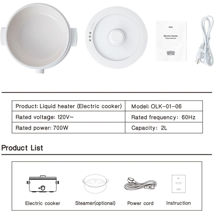 Olayks Electric Steamer for Cooking, 2L Ceramic Glaze Non - stick Pot, Dual Power Multi - functional Electric Cooker, Suitable for Steak, Pasta, Hot Pot, Ramen, Quick Heating and Overheat Protection - Just Closeouts Canada Inc.