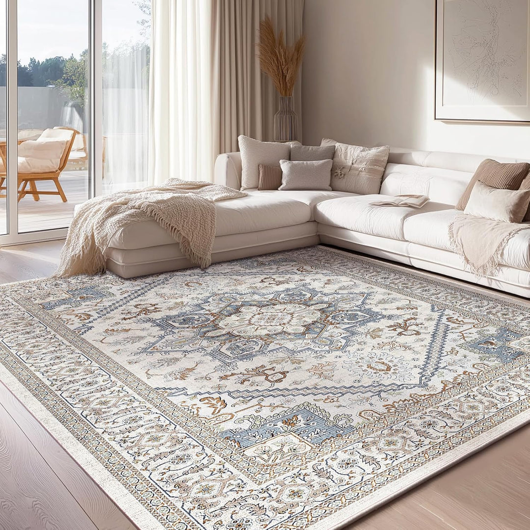 OPPODREAM Ultra Soft Neutral Area Rugs 8x10 for Living Room, 8x10 Area Rugs for Bedroom, Washable Rugs 8x10 with Non Slip Backing, Faux Cashmere Low - Pile 8 x 10 Carpet, Grey & Blue & Cream - Just Closeouts Canada Inc.