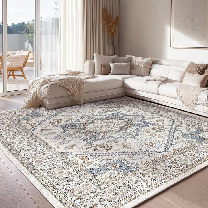 OPPODREAM Ultra Soft Neutral Area Rugs 8x10 for Living Room, 8x10 Area Rugs for Bedroom, Washable Rugs 8x10 with Non Slip Backing, Faux Cashmere Low - Pile 8 x 10 Carpet, Grey & Blue & Cream - Just Closeouts Canada Inc.