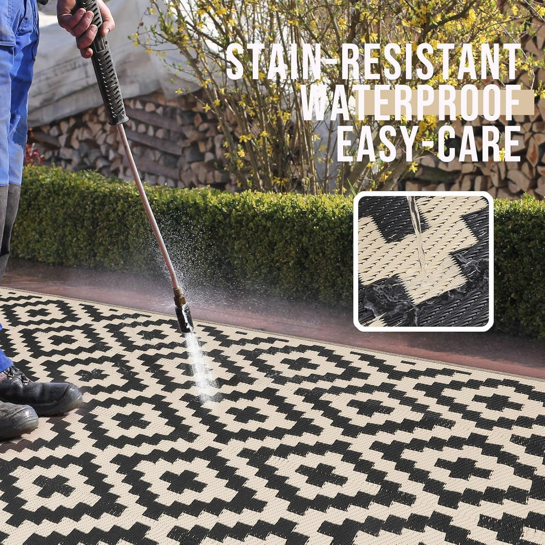 Outdoor Rug Waterproof Reversible 8x10 ft, Durable Plastic Straw Patio Camping Carpet, Large Foldable RV Mat for Backyard, Deck, Picnic, Camper, Bench, All - Weather, Lightweight, Black & Beige - Just Closeouts Canada Inc.