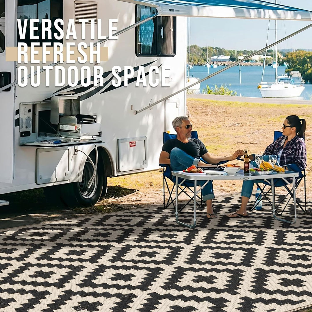 Outdoor Rug Waterproof Reversible 8x10 ft, Durable Plastic Straw Patio Camping Carpet, Large Foldable RV Mat for Backyard, Deck, Picnic, Camper, Bench, All - Weather, Lightweight, Black & Beige - Just Closeouts Canada Inc.
