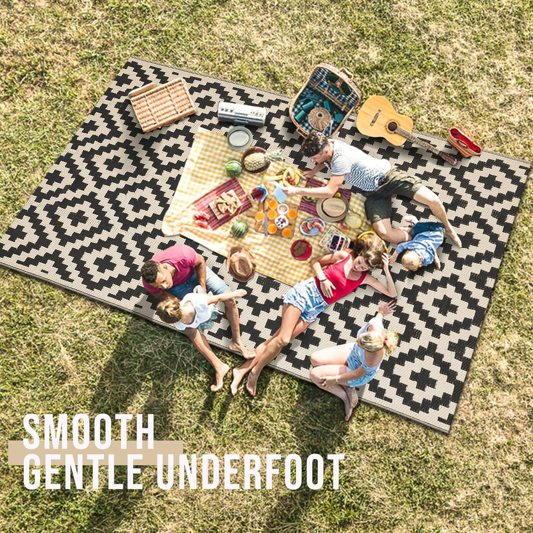 Outdoor Rug Waterproof Reversible 8x10 ft, Durable Plastic Straw Patio Camping Carpet, Large Foldable RV Mat for Backyard, Deck, Picnic, Camper, Bench, All - Weather, Lightweight, Black & Beige - Just Closeouts Canada Inc.