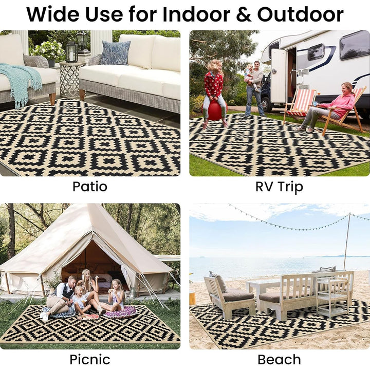 Outdoor Rug Waterproof Reversible 8x10 ft, Durable Plastic Straw Patio Camping Carpet, Large Foldable RV Mat for Backyard, Deck, Picnic, Camper, Bench, All - Weather, Lightweight, Black & Beige - Just Closeouts Canada Inc.