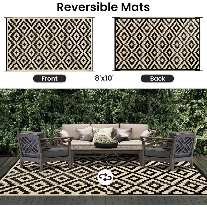 Outdoor Rug Waterproof Reversible 8x10 ft, Durable Plastic Straw Patio Camping Carpet, Large Foldable RV Mat for Backyard, Deck, Picnic, Camper, Bench, All - Weather, Lightweight, Black & Beige - Just Closeouts Canada Inc.