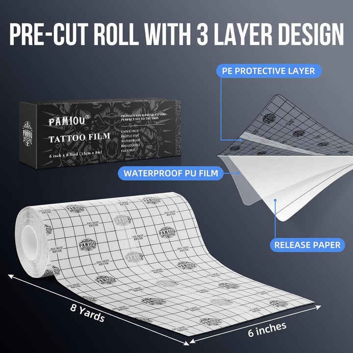 Pamiou Second Skin Tattoo Cover 6 Inch x 8 Yards Tattoo Aftercare Bandage, Waterproof, Transparent, Latex - Free Film for Fresh Tattoo Care, Protective Tape for Skin Recovery - Just Closeouts Canada Inc.