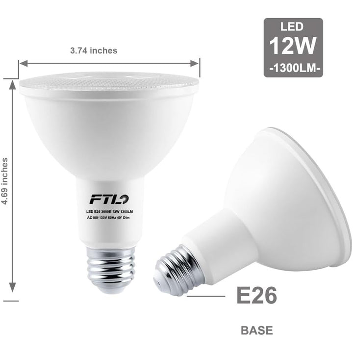 PAR30 LED Flood Light Bulbs Long Neck 5000K Daylight Dimmable 75W Halogen Equivalent 12W E26 1300LM 40 Degree Spotlight for Recessed Can Lighting Indoor/Outdoor 4 - Pack - Just Closeouts Canada Inc.