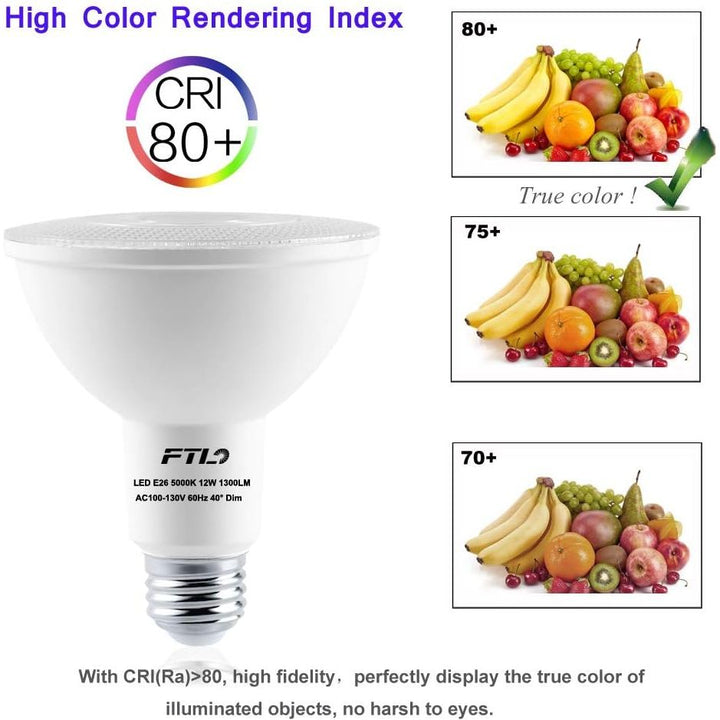 PAR30 LED Flood Light Bulbs Long Neck 5000K Daylight Dimmable 75W Halogen Equivalent 12W E26 1300LM 40 Degree Spotlight for Recessed Can Lighting Indoor/Outdoor 4 - Pack - Just Closeouts Canada Inc.